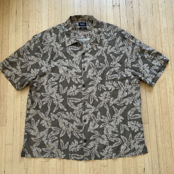 Haggar 100% Silk Hawaiian Shirt Mens XL Brown Palm Tree Floral Button Up - Picture 1 of 8